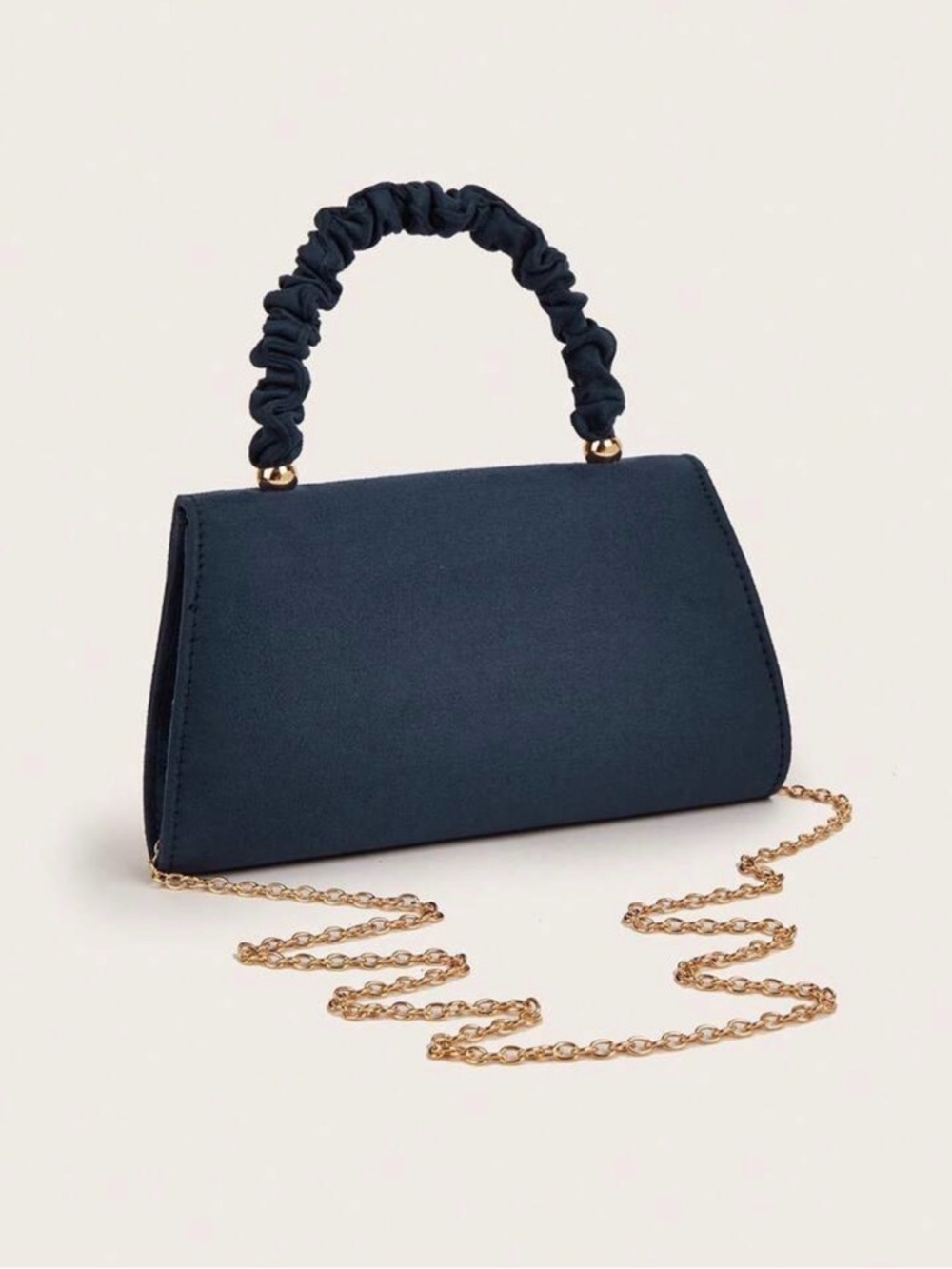 NEW Navy Blue Ruched Handle Top-Handle Bag with Chain Strap - Picture 6 of 9